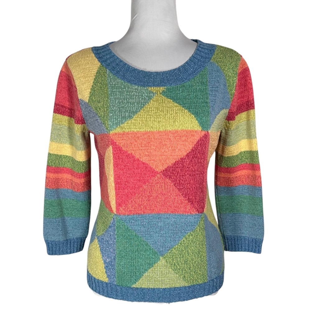 Y2K Vintage Talbots Rainbow Colorblock Knit Sweater S Mod Art Boho Patchwork 90s